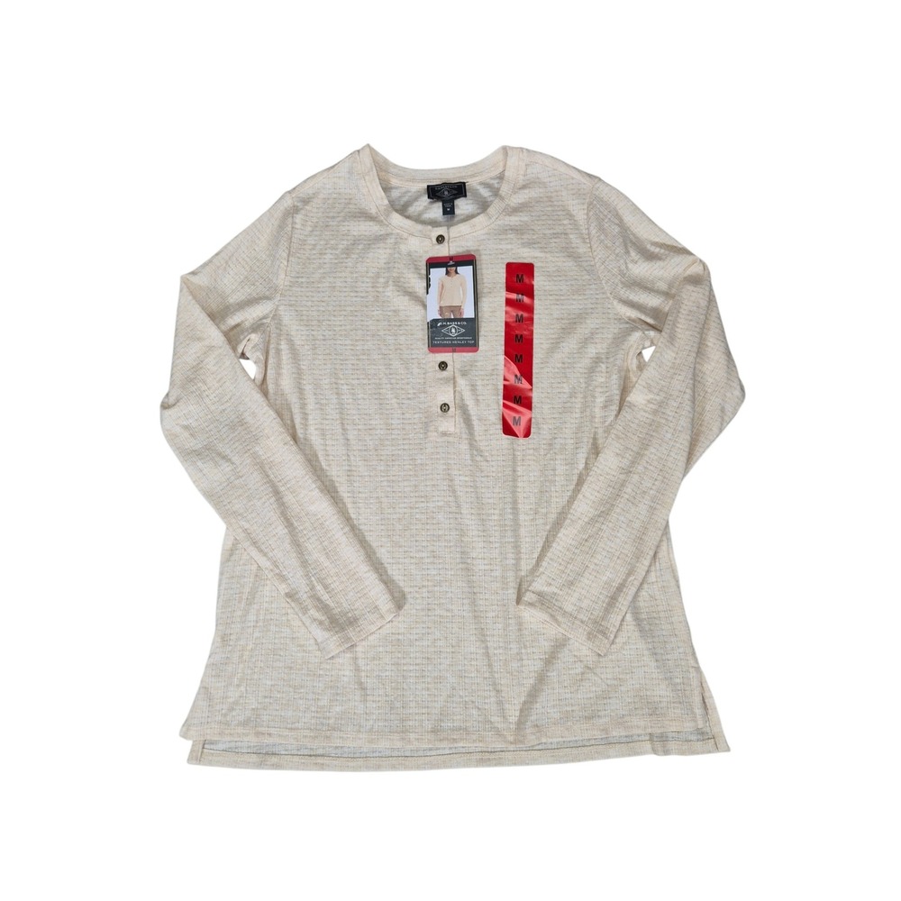 GH Bass W Textured Henley Top Tan Beige Long Sleeve Waffle Knit M NWT 1827010